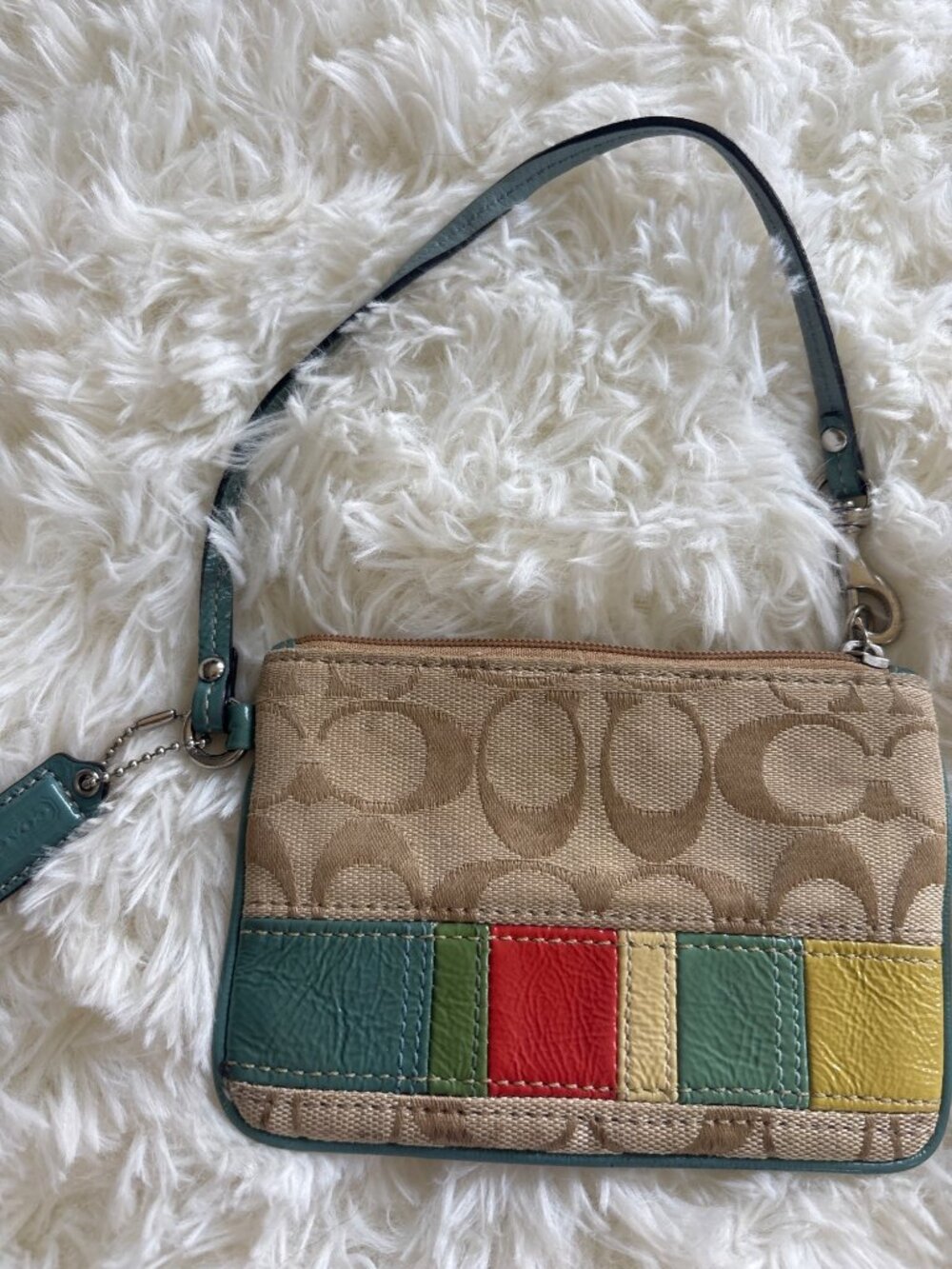 Coach Mini Wristlet Signature C Canvas Patchwork Stripe Bag Teal Trim Vintage - Picture 6 of 16
